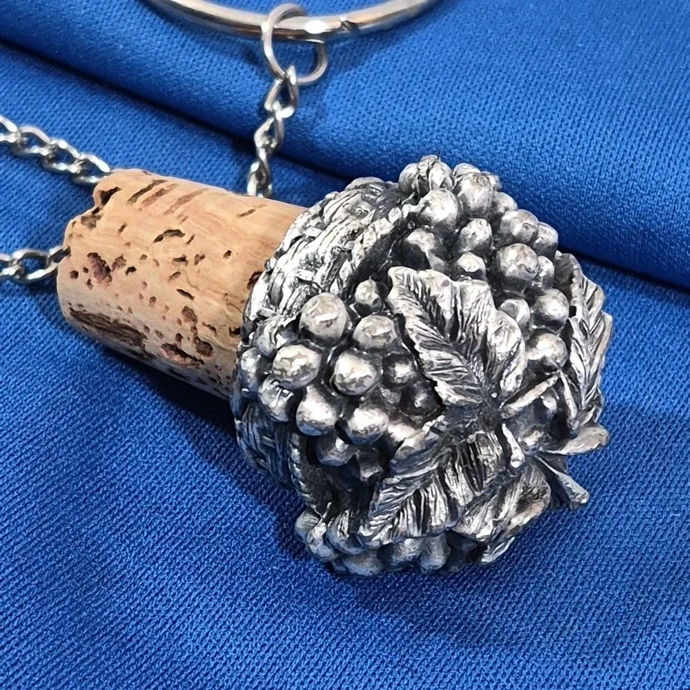 Vintage Made in Sommelier Pewter Wine Cork Stopper with Chain Ring Grape Cluster